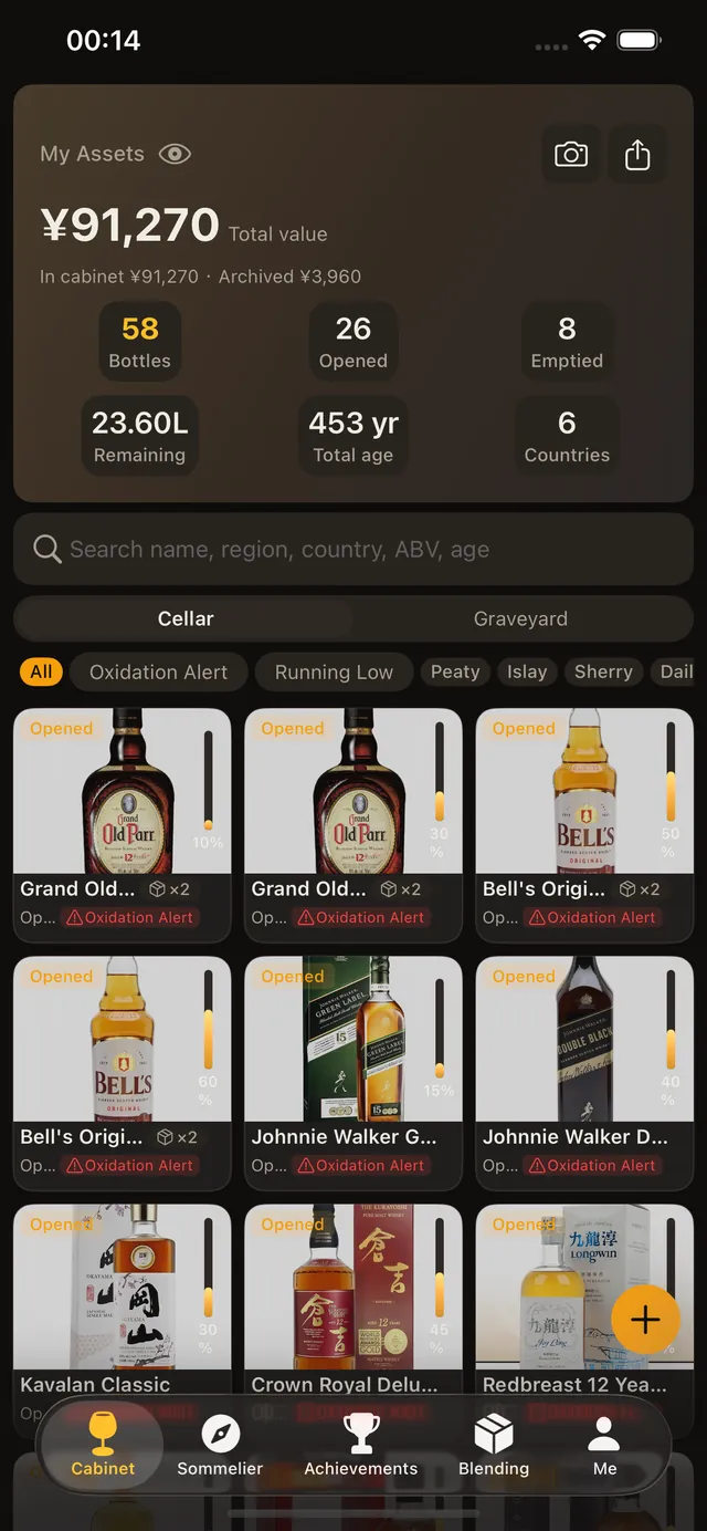 Whisage dashboard: collection value and bottle count at a glance